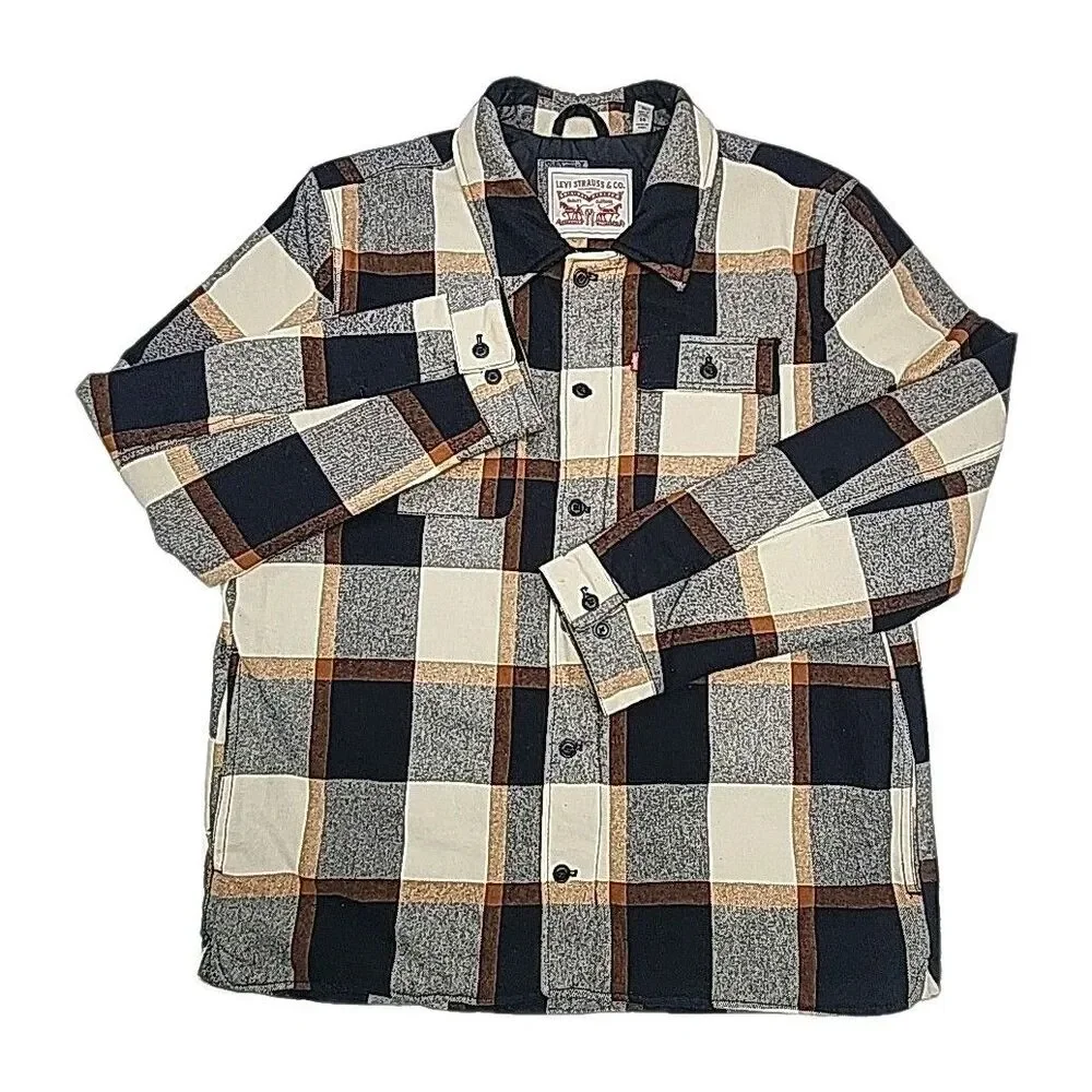 Levi Strauss Jacket Coat Quilt Lined Men Sz XL Zip Button Blue Tan Plaid Pockets